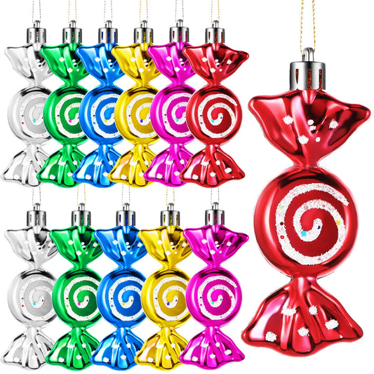Threan 12 Pcs Christmas Candy Ornaments for Tree Decoration Hanging Glitter Candy Cane Christmas Peppermint Ornament with Golden Rope for Xmas Holiday Decoration(Mix Colors,Plastic)