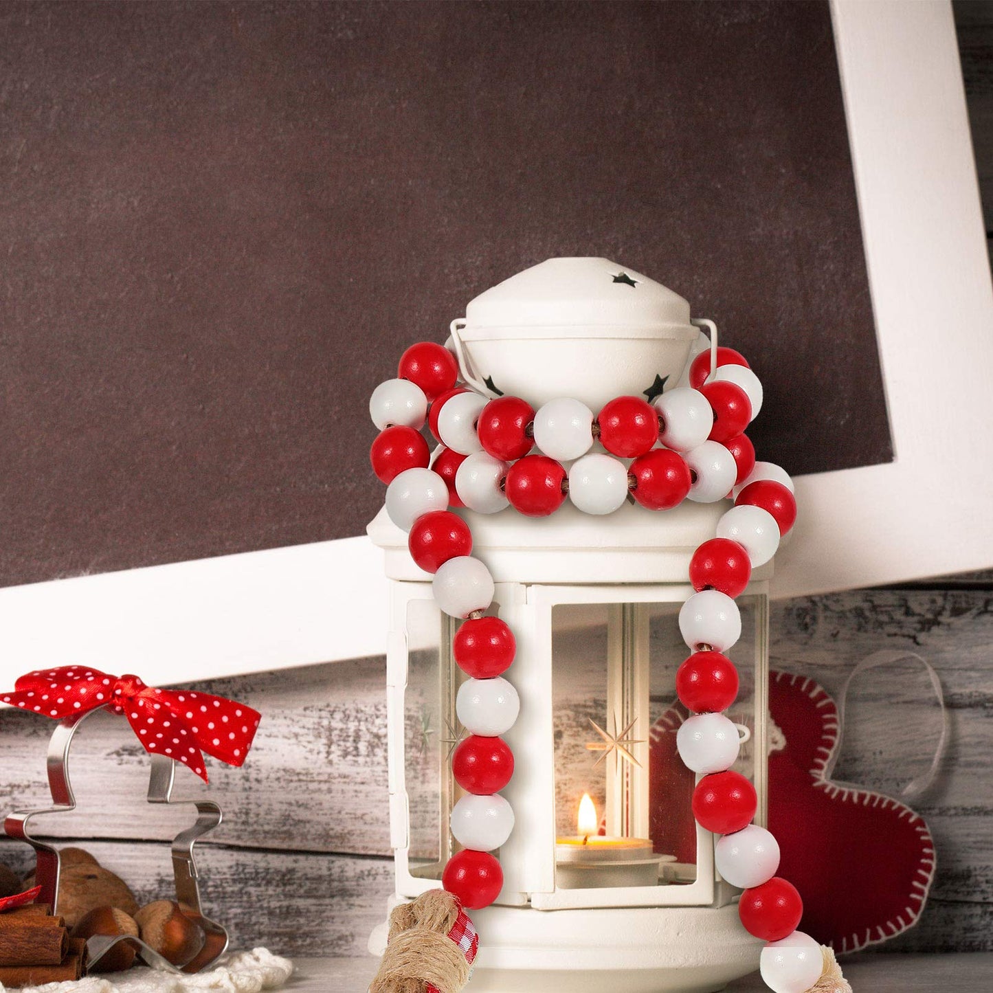 Chuangdi Christmas Wooden Bead Garland Wreath, 39 Inches Decorated with Candy Canes Tassels Wood Bead Garland for Christmas Tree Tiered Tray Decor Home Farmhouse Wall Hanging Ornaments(Red White)