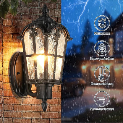 Sucolite Outdoor Wall Light Fixtures Wall Mounted, Exterior Waterproof Porch Lights Wall Lanterns, Outside Wall Sconces with Water Ripple Glass for House Front Door Garage, Retro Vintage Style, 2 Pack