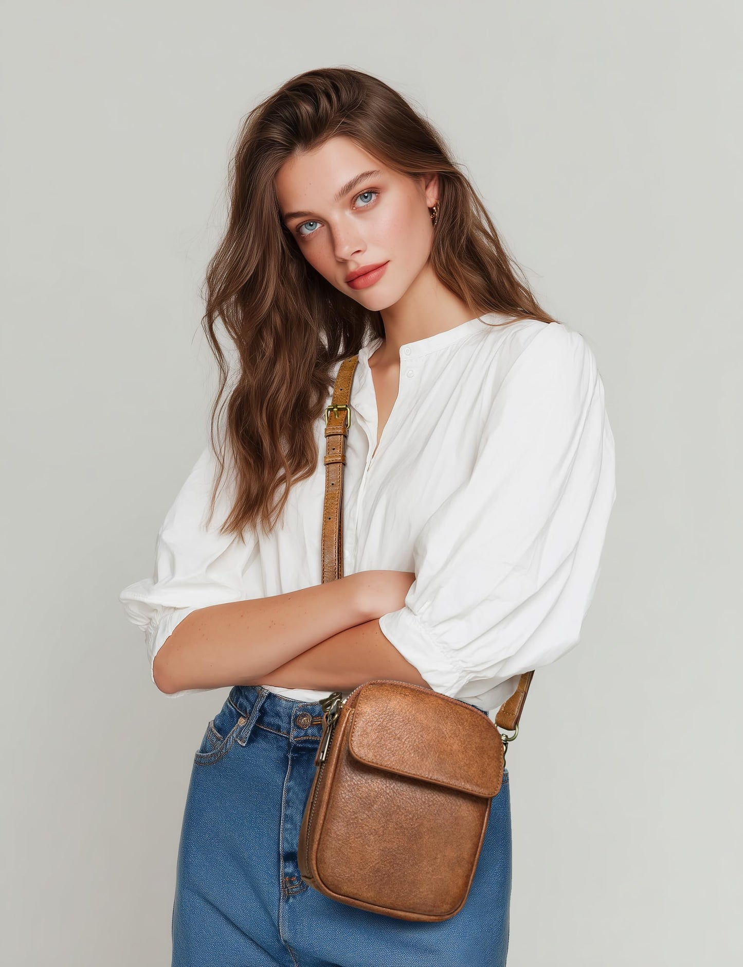 Yarnic Small Crossbody Bag, Vegan Leather Cell Phone Purse for Women, Vintage Wallet Bag with Card Slots (Brown-leather strap)