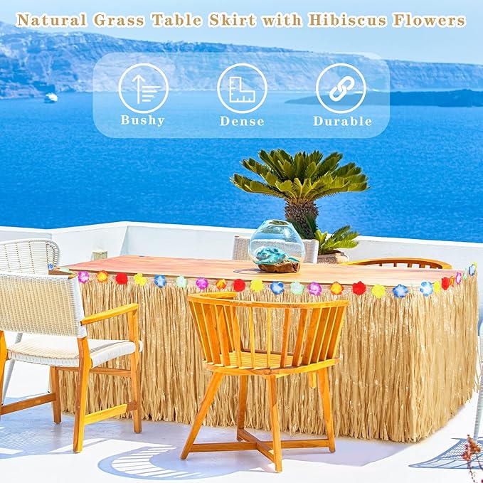 Aodaer 2 Pack Thickened Grass Table Skirt Natural with Hibiscus Flowers 400g Hawaiian Luau Tropical Party Decor Fringe Party Decoration for Costume Tiki Tropical Hawaii Moana Birthday, Straw Yellow