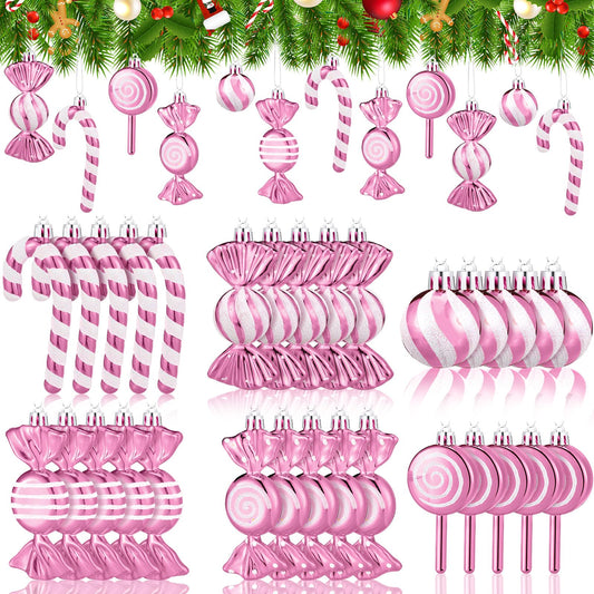 Liliful 30 Pcs Christmas Candy Cane Lollipop Ornaments Set Plastic Holiday Peppermint Candy Home Hanging Ornament Lollipop with Rope for Xmas New Year Party Decor(Pink White)