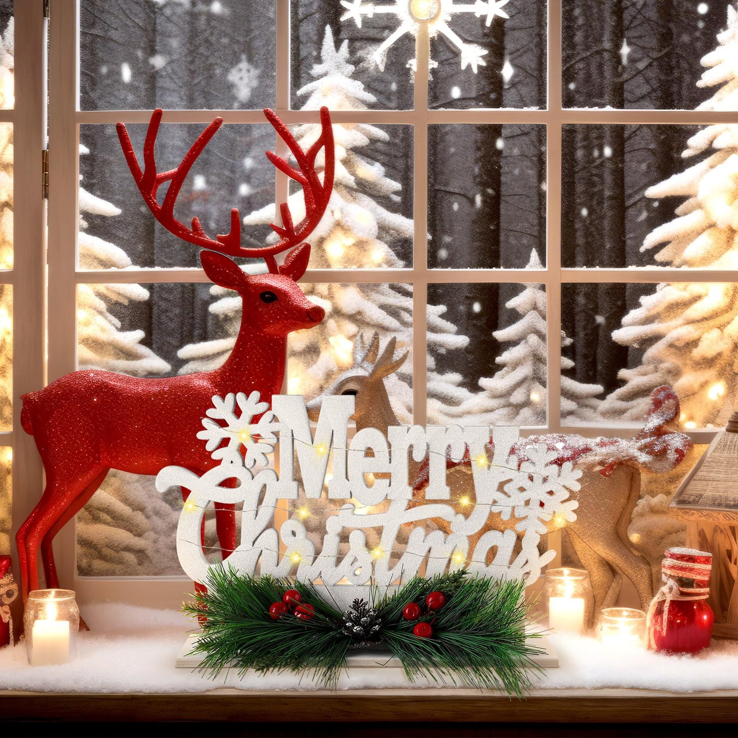 Leinuosen Merry Christmas Sign Wooden Christmas Table Sign with Holly and LED Light White Xmas Wooden Table Centerpiece for Mantel Fireplace Shelf Xmas Party Home Tabletop Decoration