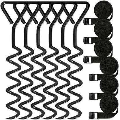 Trampoline Anchors & Stakes Kit with 6 Strong Belts, Heavy Duty Anchor Corkscrew Steel Ground Stakes for Trampolines, Garden & Outdoor Use,Black