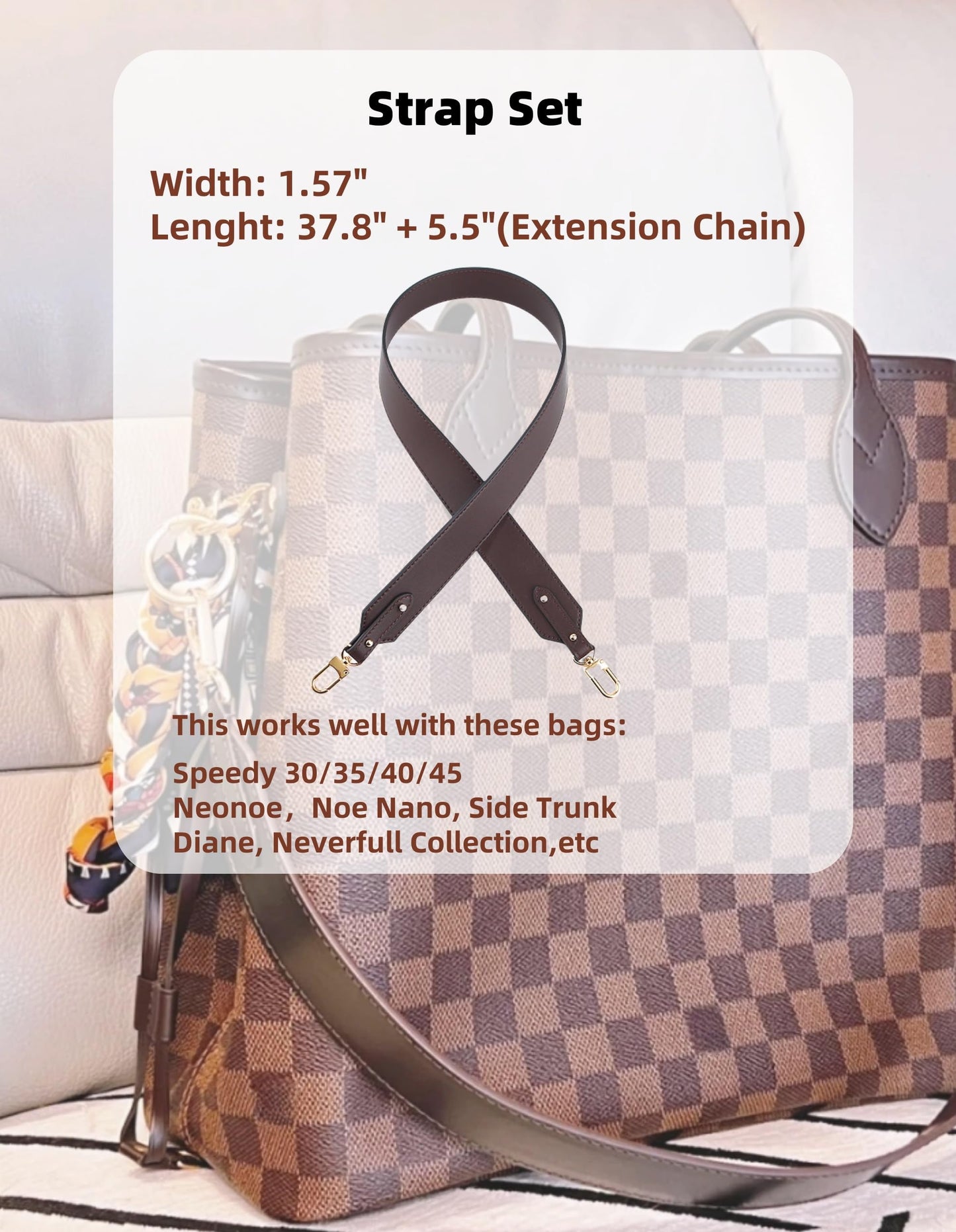 LOFZAR Wide Vachetta Leather Replacement Bag Strap, Fits Neverfull PM/MM/GM Graceful and More (25.5" L, Dark Brown)