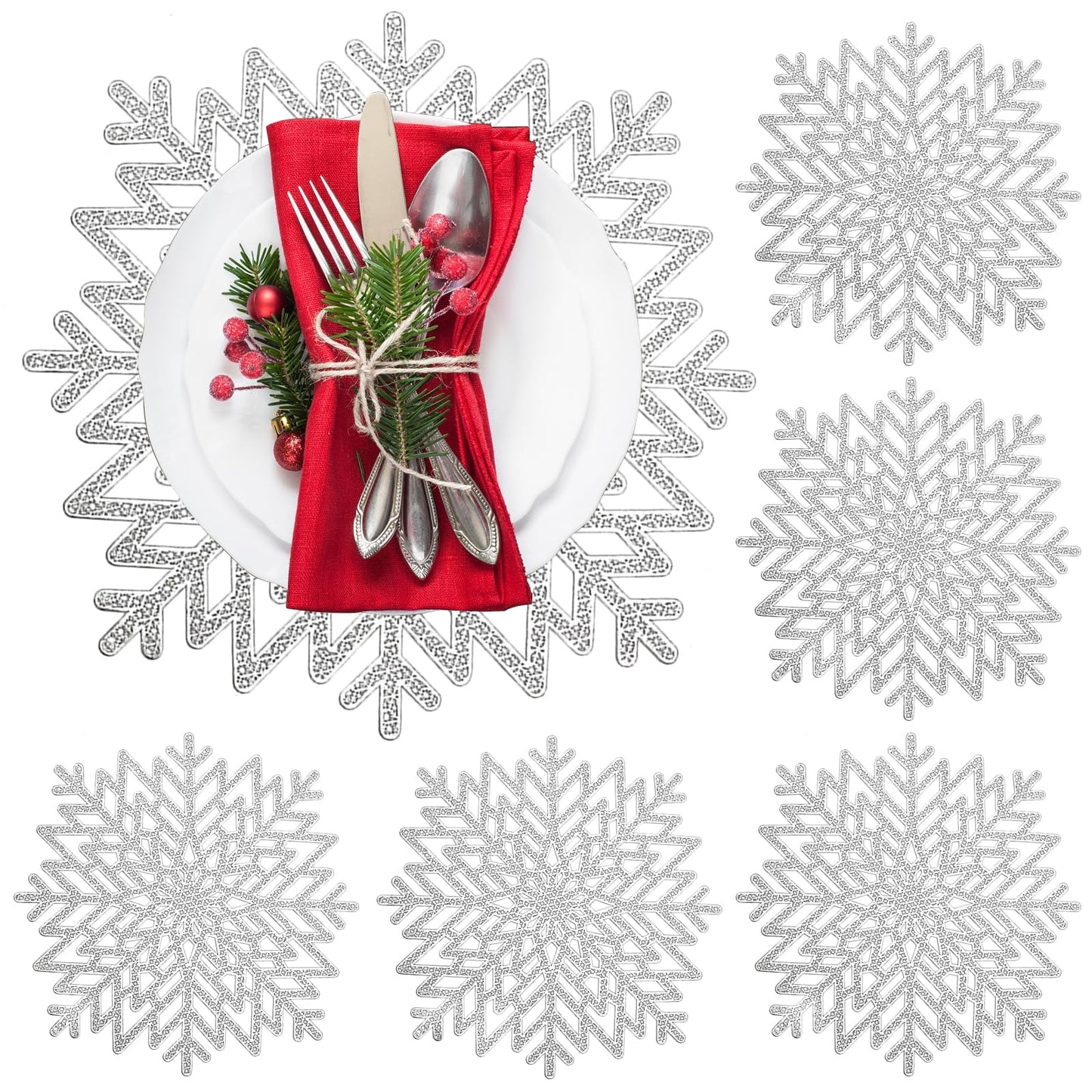 Snowflake Placemats Set of 6, Christmas Placemats Decorations Hollow Out Design Snowflake Table Mats Place Mats for Dining Table Setting Kitchen Table Mats Christmas Decoration(Silver Snowflake)