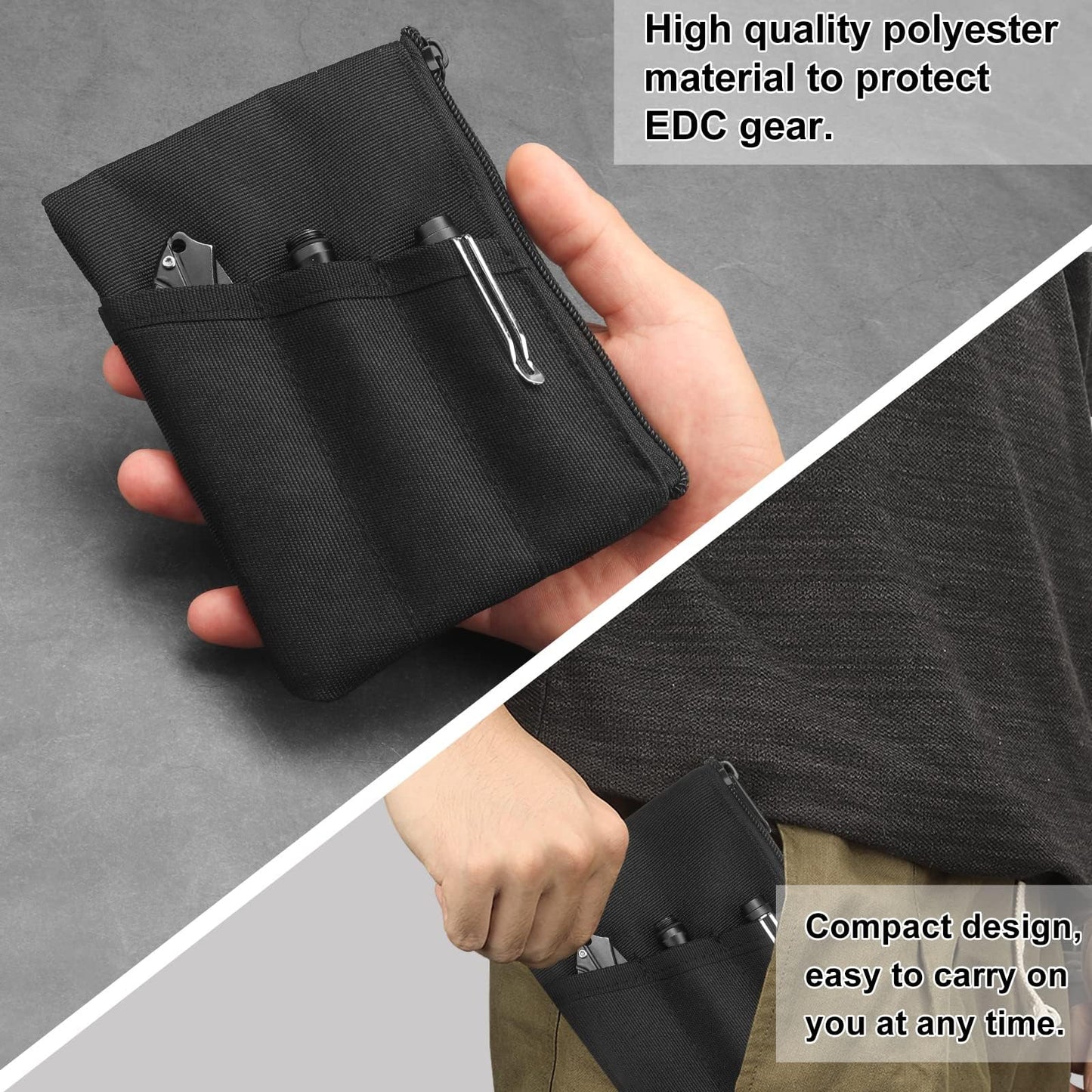 Kosibate EDC Pouch with Notebook Slot, EDC Organizer for Knife, Flashlight, Passport, Pen, Card - Men's Slim Pocket Organizer for Daily Carry, Fits 3.5 x 5.5 Inch Notebook (Black)