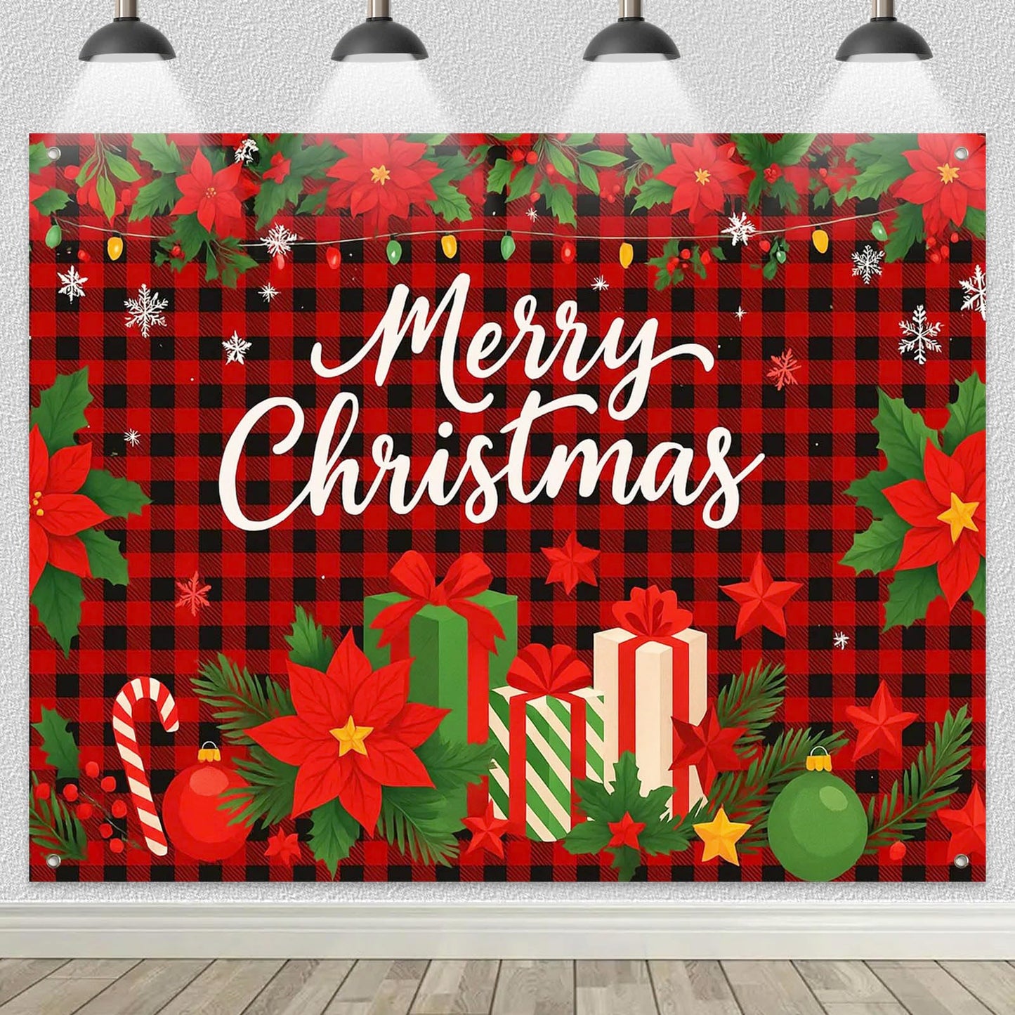 HOMETITUTE Red Black Plaid Merry Christmas Backdrop 8×6ft Holiday Photo Background Buffalo Check Party Decoration Banner with Gifts Poinsettia Greenery and Snowflakes