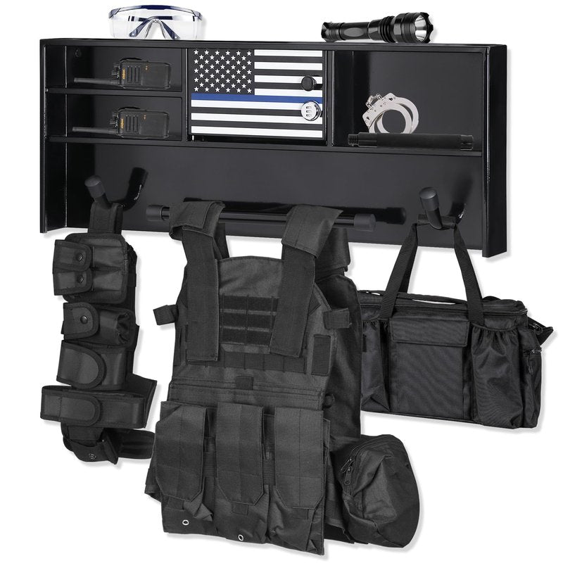 BUYYAH Wall Mounted Police Gear Rack, All Iron Frame with Gun Storage, Combination Lock, Tactical Duty Gear Rack for Home, Office, Police Gift Decor with Flag, Black