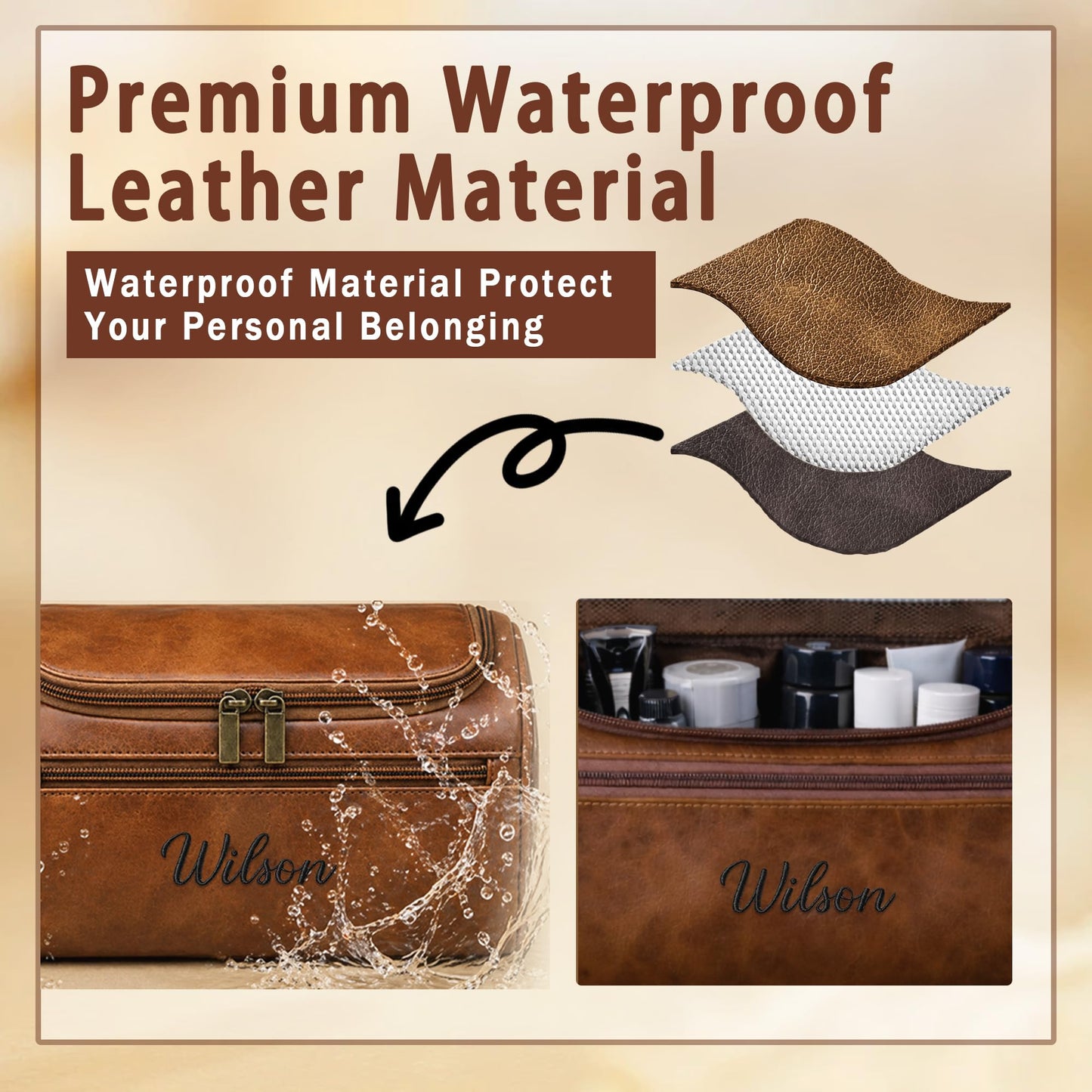 JAXVVIQEN Personalized Toiletry Bag for Papa, Custom Embroidery with Name Letter PU Leather Waterproof Toiletry Organizer Dopp Kit Travel Essential for Dad Grandpa Birthday Father's Day (Light Brown)