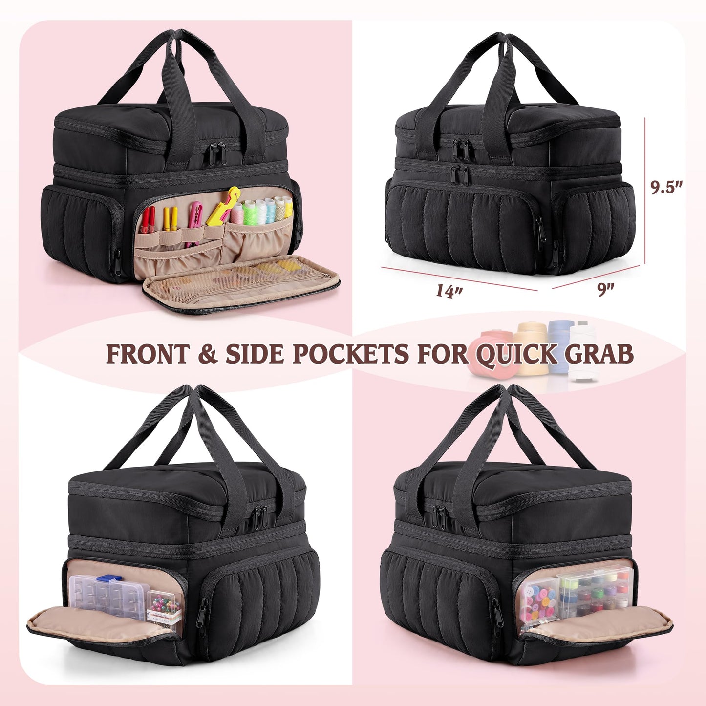 Marscamd Puffer Sewing Organizer Bag, Large Capacity with Multiple Pockets and Detachable Dividers, Storage Box for Threads, Needles, Scissors, Craft Supplies, Black (BAG ONLY, NO SUPPLIES)