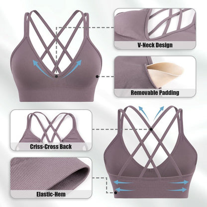 Sports Bra for Women,V-Neck Strappy Sports Bras Padded Criss Cross Back Low Support Yoga Bra with Removable Cups 3 Pack