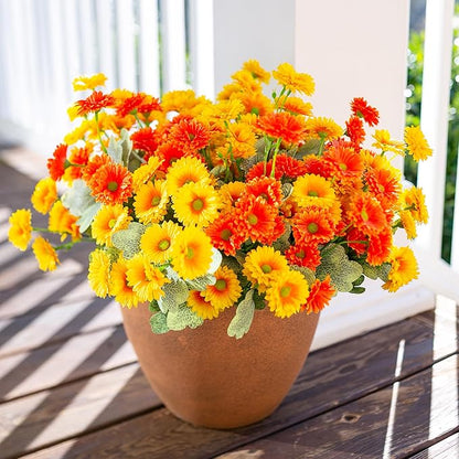 HyeFlora Dahlia Artificial Fall Flowers for Outdoors Autumn Decoration, 6 Bundles Fake Mums Faux Flowers Plants Realistic UV Resistant Silk Flowers for Outside Planter Yard Garden Home, Orange Yellow