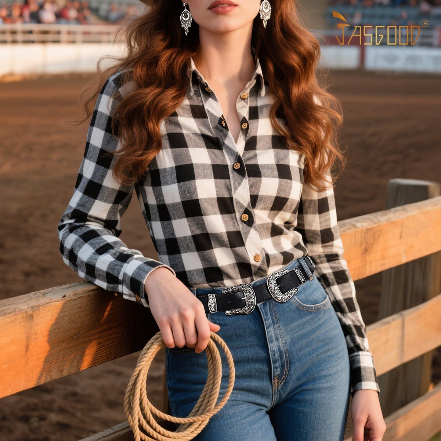 JASGOOD Double Buckle Western Belts for Woman Cowgirl Country Belt Vintage Black Leather Belt for Jeans Pants Dresses, Black
