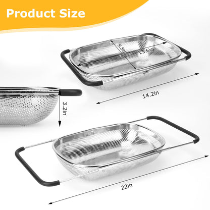ZDRongZhen Kitchen Accessories Over the Sink Colander Strainer Basket，Stainless Steel Colander with Expandable Rubber Grip Sink Drainer-Rinse Vegetables Fruits &Strain&Drain (Large-Dense round hole)