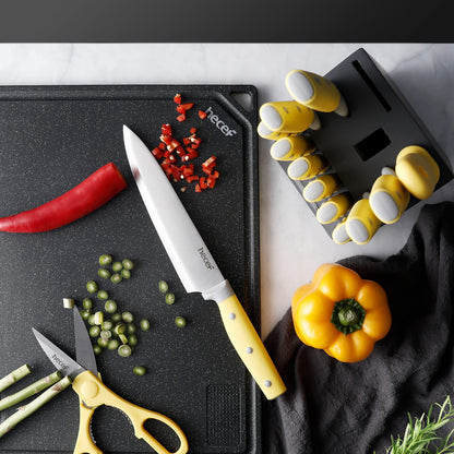 hecef Kitchen Knife Block Set, 14 Pieces Knife Set with Wooden Block & Sharpener Steel & All-purpose Scissors, High Carbon Stainless Steel Cutlery Set (Yellow)