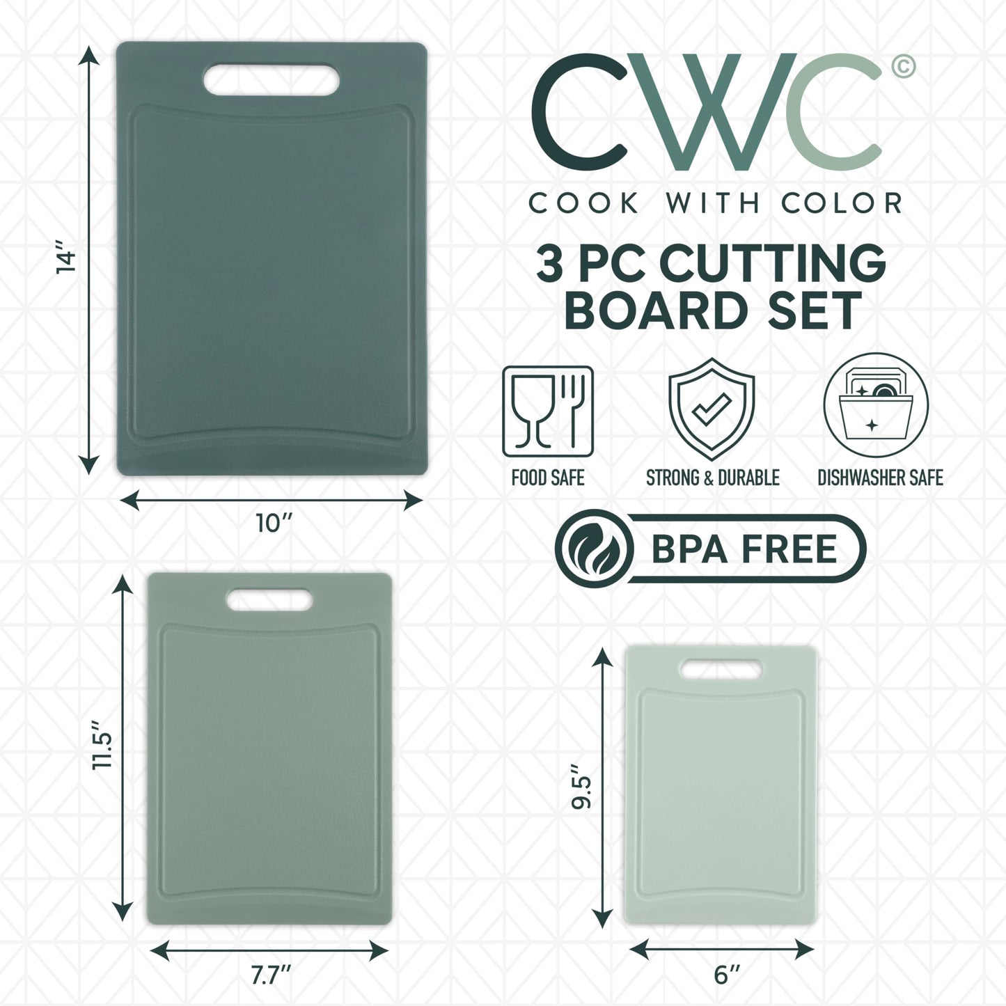COOK WITH COLOR Non-Slip Cutting Board Set – Kitchen Essentials with Easy Grip Handle for Meat, Veggies, and Fruits, 3 Cutting Boards, Mint