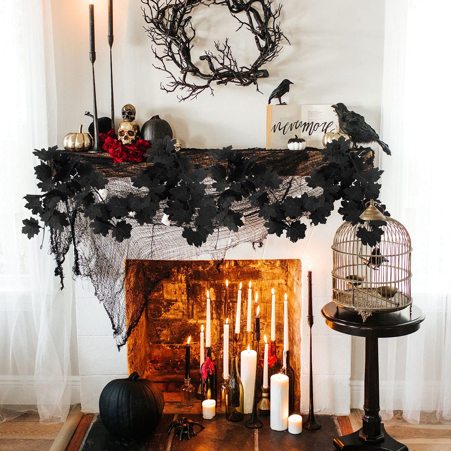 Black Maple Leaf Garland, 2PCS Halloween Artificial Hanging Fall Leave Vines, Fall Floral Garlands Thanksgiving Decor for Home Wedding Party (11.8FT)
