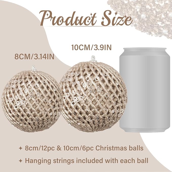 6pcs 3.94" Christmas Ball Ornaments Glitter Shatterproof Christmas Tree Ornaments Sequin Xmas Hanging Balls Decorations for Wedding Party Holiday(Champagne Gold, 6pc-10cm)