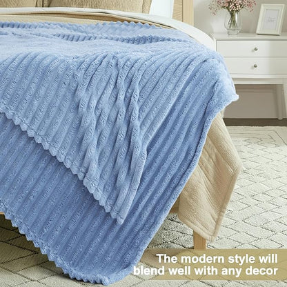decorUhome Soft Fleece Blue Grey Blanket Queen Size for Bed, Cozy Fluffy Plush Flannel Large Striped Throws for Couch Sofa, Lightweight Decorative Fuzzy Blanket for Woman, 90x90 Inches