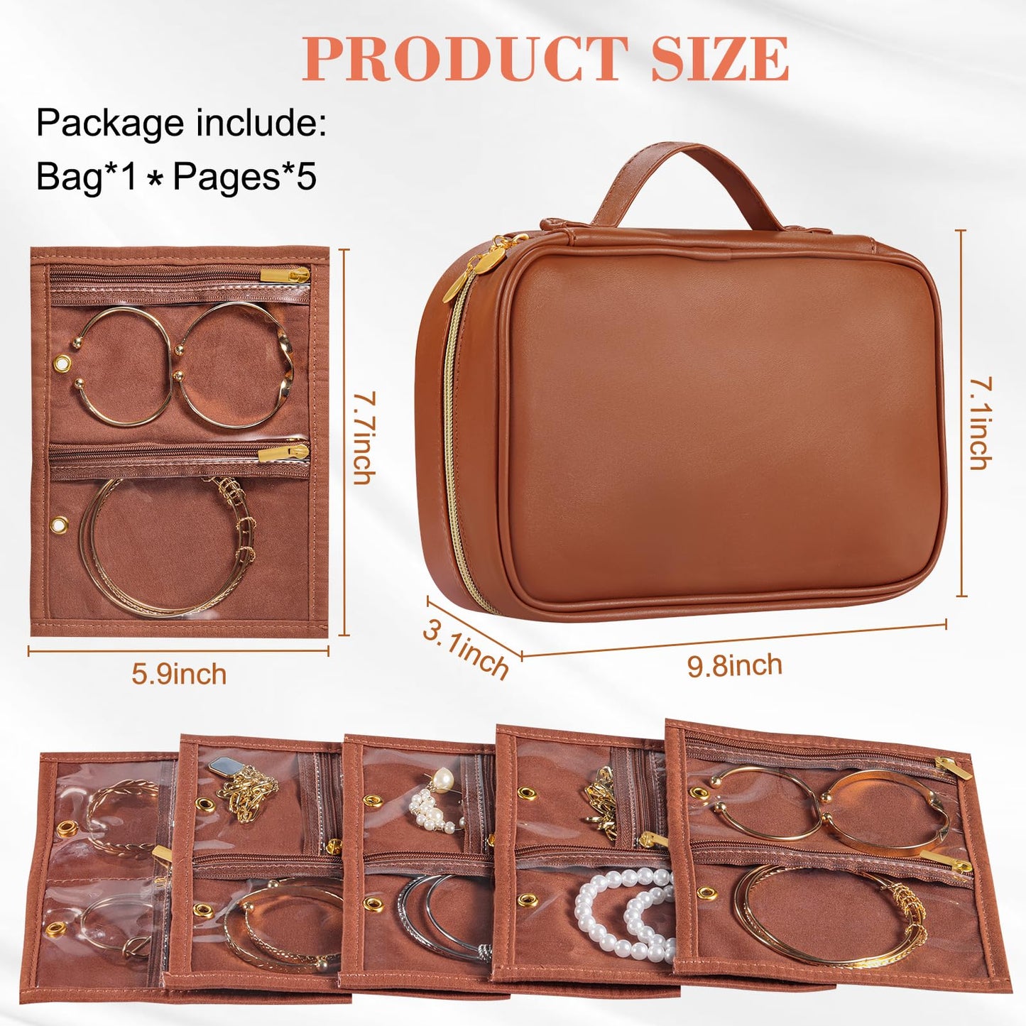 KPWEPK Leather Travel Jewelry Case Organizer,Jewelry Storage Book Binder with Clear Zipper Pouch & Lining-Portable Jewelry Bag for Earrings,Rings,Necklaces,Bracelets (Brown)