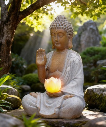 Nacome Solar Buddha Garden Statue Decor: Sitting Resin Figurine with Lotus Flower Light Zen Sculpture for Patio Lawn Yard Porch Balcony Meditation Space - 10.6 inches(White)