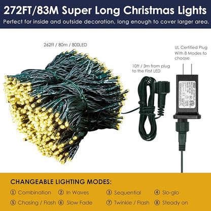 Bright Christmas Lights Outdoor 800 LED Christmas String Lights, 272ft 8 Modes Timer Fairy Twinkle Tree Lights for Home, Party, Holiday, Halloween Indoor Xmas Decorations Warm White