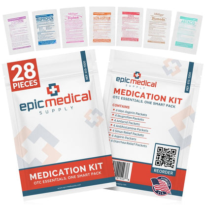 Epic Medical Supply First Aid Kit Medication Refill – 43-Count Unit Dose Packets - Alcohol Pads & Bandages – Emergency Medicine Kit Pills - 1st Aid Kit Refill, Travel, Camping – Assembled in USA