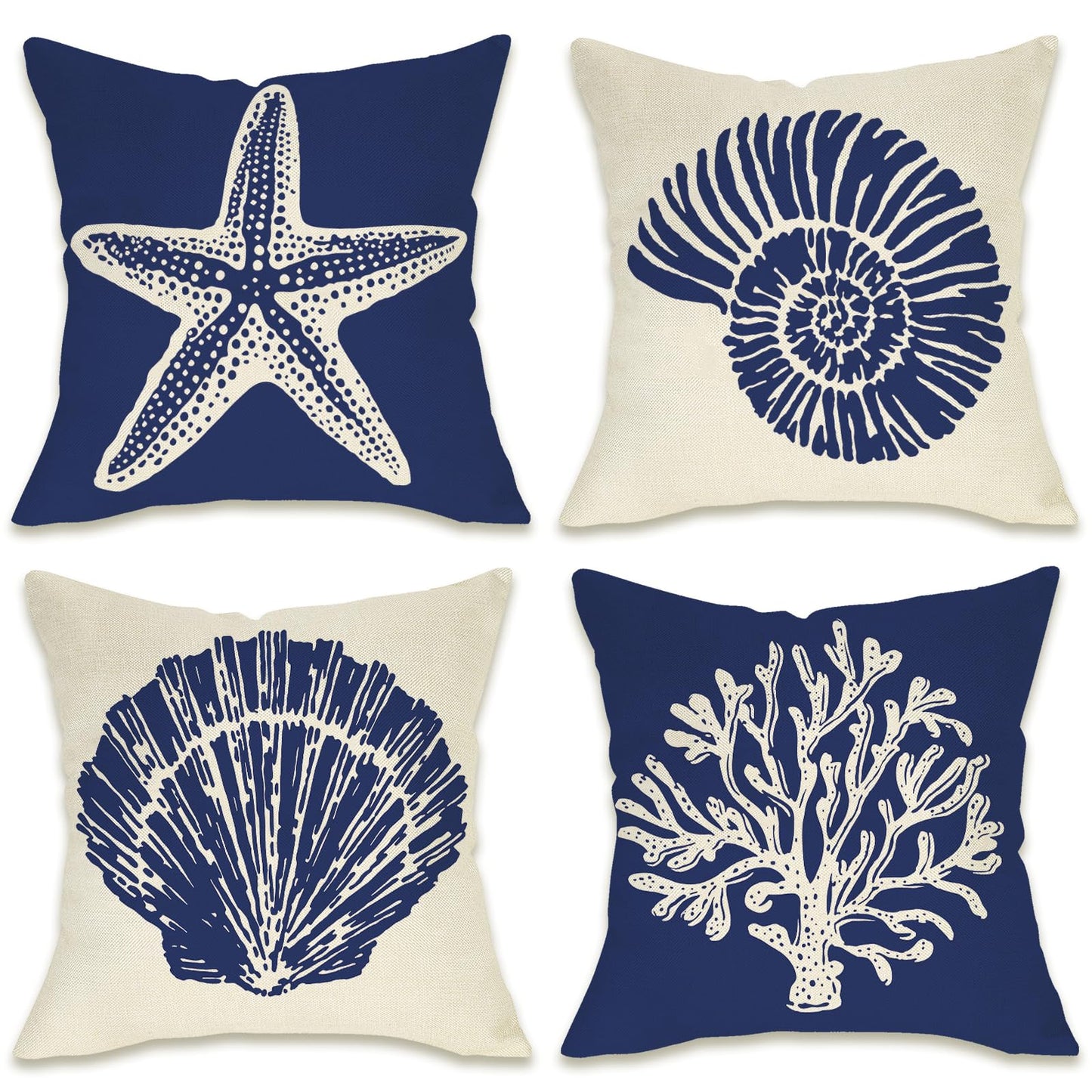 Fahrendom Beach Dark Blue Decorative Throw Pillow Covers 18 x 18 Set of 4, Coastal Sea Conch Starfish Coral Porch Patio Outdoor Pillowcase, Nautical Ocean Spring Summer Sofa Cushion Case Home Decor