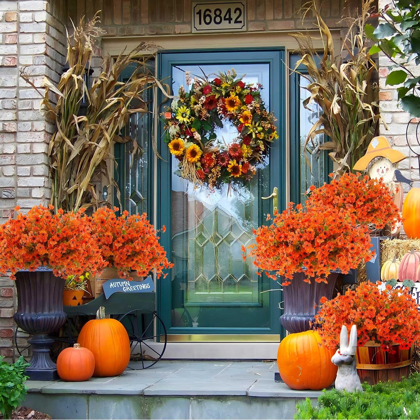 Rowfad 18 Pcs Artificial Mums Flowers Outdoor Plastic Fall Flowers Fake Mums Autumn Greenery Flower for Porch Window Box Farmhouse Thanksgiving Home Decor ((18, Orange)