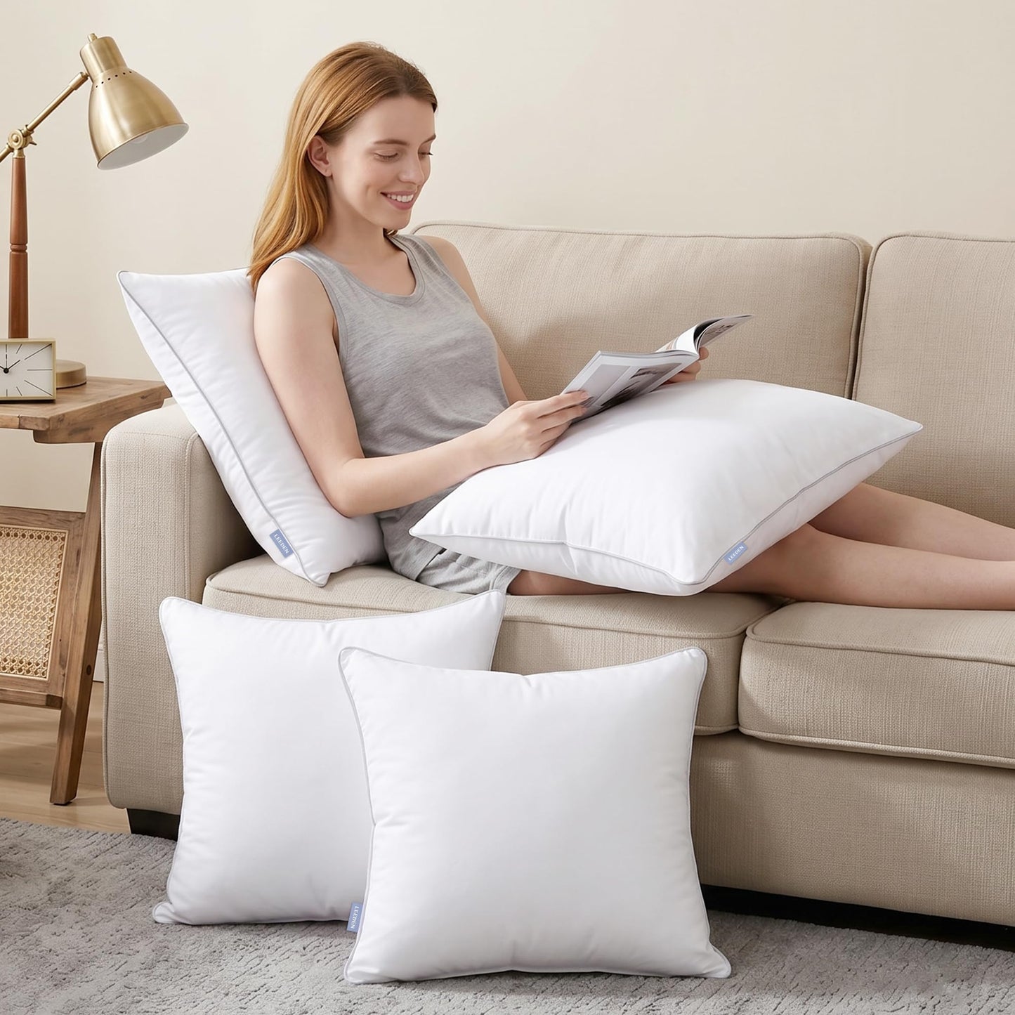 Leeden 20 x 20 Pillow Inserts (Set of 2) - Throw Pillow Inserts with 100% Cotton Cover - 20 Inch Square Decorative Pillows for Sofa, Couch, Bed and Home Decor