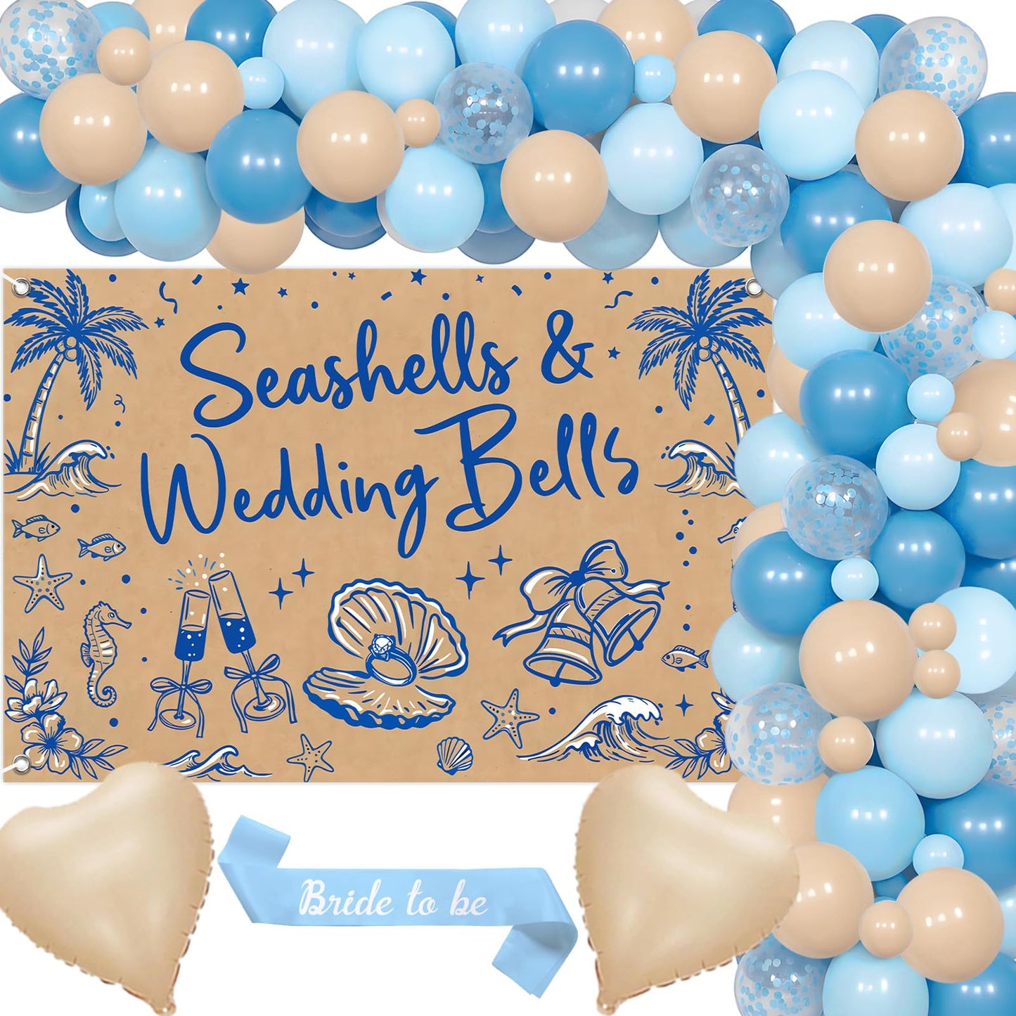 Fangleland Seashells and Wedding Bells Bachelorette Decorations, Coastal Beach Backdrop Balloon Arch Garland Kit Bride To Be Sash, Sea Shell Bridal Shower Engagement Party Supplies