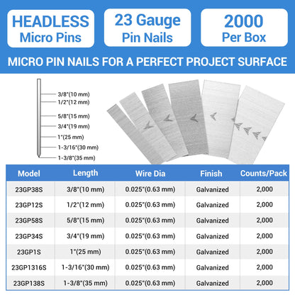 meite 23 Gauge Pin Nails, 1-3/16 Inch Micro Headless Pins - Galvanized 23GA Pins Nails for Nail Gun, Ideal for Fine Woodworking and Trim Work (2,000 Counts)