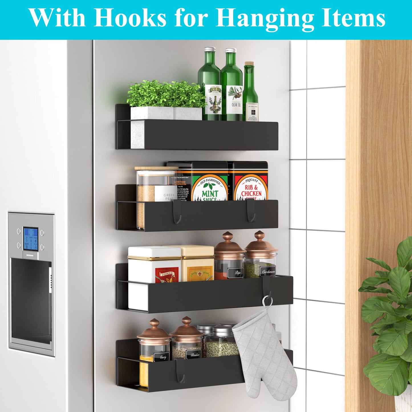 HuggieGems Metal 4 Pack Magnetic Spice Storage Rack Organizer for Refrigerator and Oven, Black Fridge Organizers and Storage