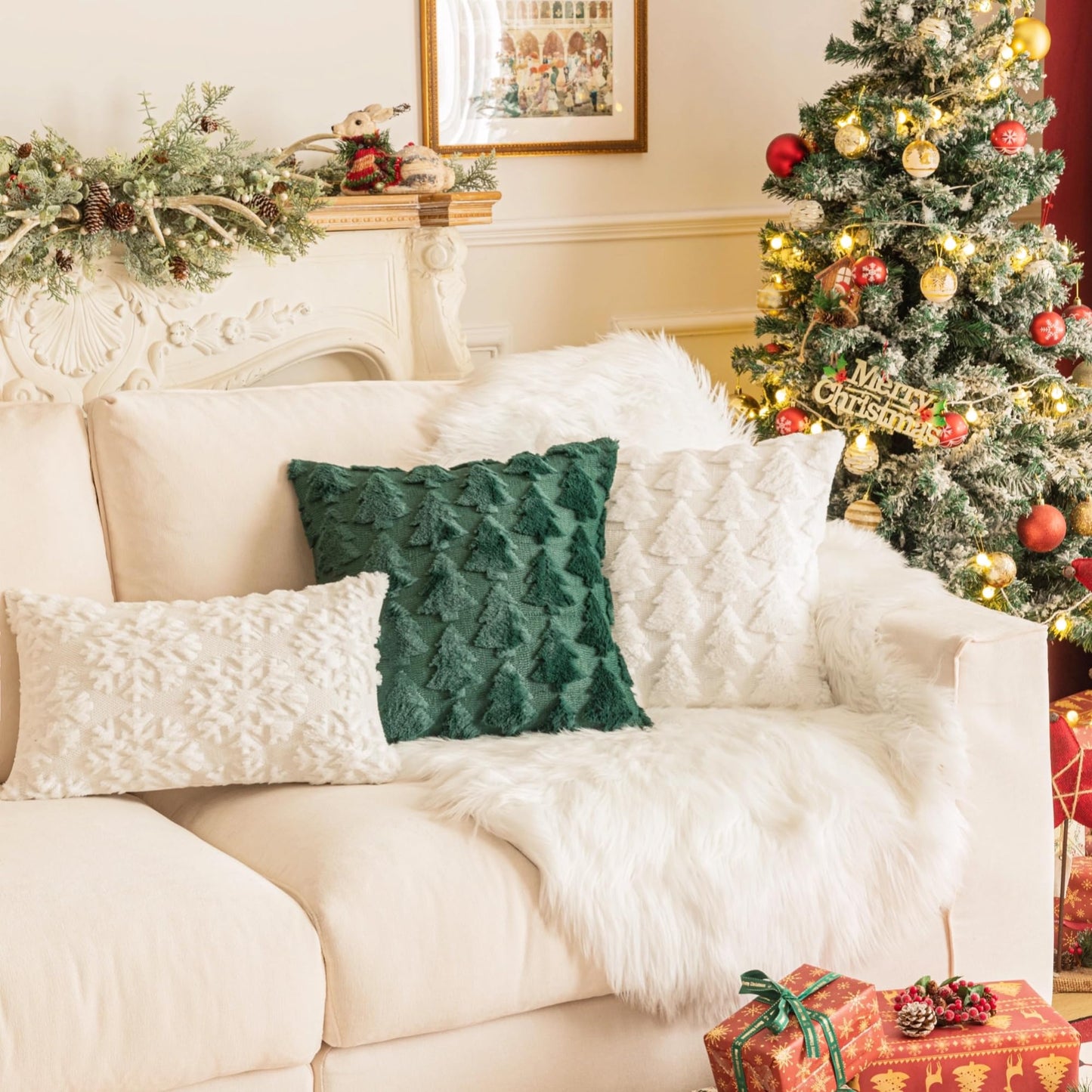 AQOTHES Set of 2 Christmas Tree Green Throw Pillow Covers 18x18 Inch, Soft Faux Fur Green Decorative Xmas Throw Pillows for Couch Sofa Holiday Winter Decor