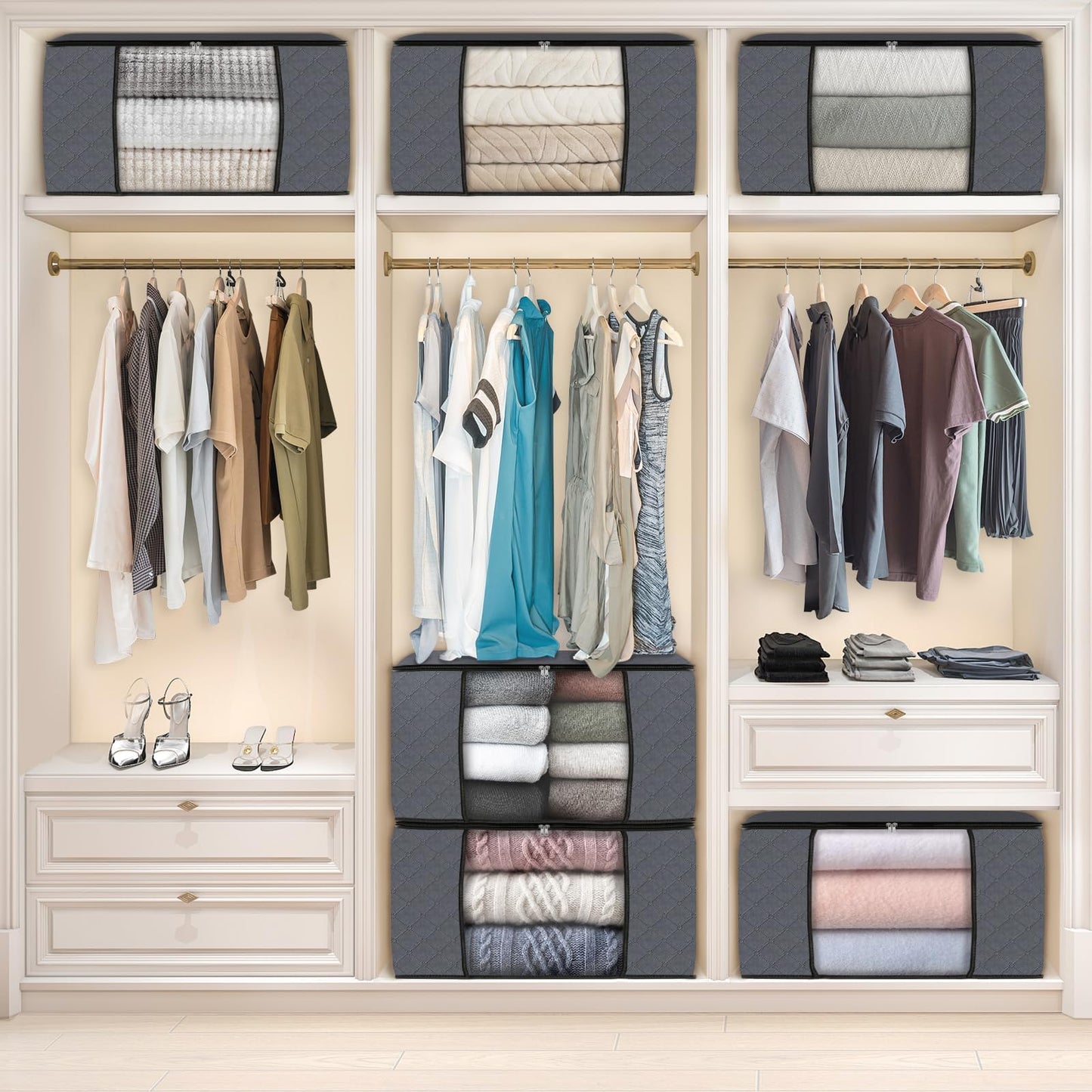 Fab totes 6 Pack Clothes Storage, Foldable Thick Fabric Blanket Storage Bags, Containers for Organizing Bedroom, Closet, Clothing, Comforter,Closet Organization with Handle,Grey