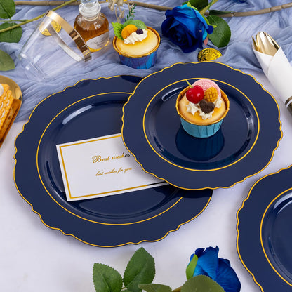 Liacere 350PCS Navy Blue Plastic Plates-Disposable Blue Gold Plates 50guest Plastic Dinnerware include 100Plates,50Pack Pre Rolled Napkins with Silverware 50Cups for Wedding＆Back to School&Labor Day
