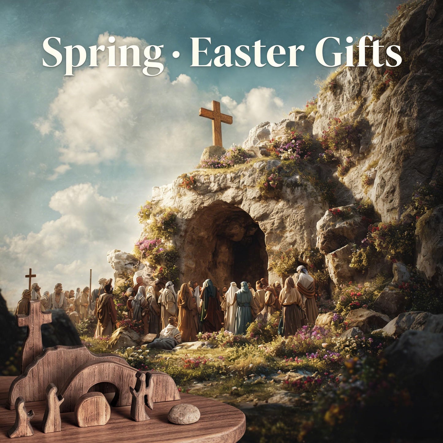 NEROSUN Empty Tomb Easter Scene and Cross Decoration, Wooden Jesus Resurrection Nativity Set, Religious Christian Tabletop Decor for Home Office Christian