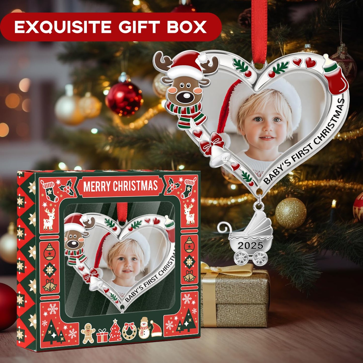 Baby's First Christmas Ornament 2025 – My First Christmas Baby Girl Boy Xmas Tree Picture Frame Reindeer Ornament 2025 – Personalized 1st Christmas Baby Ornament