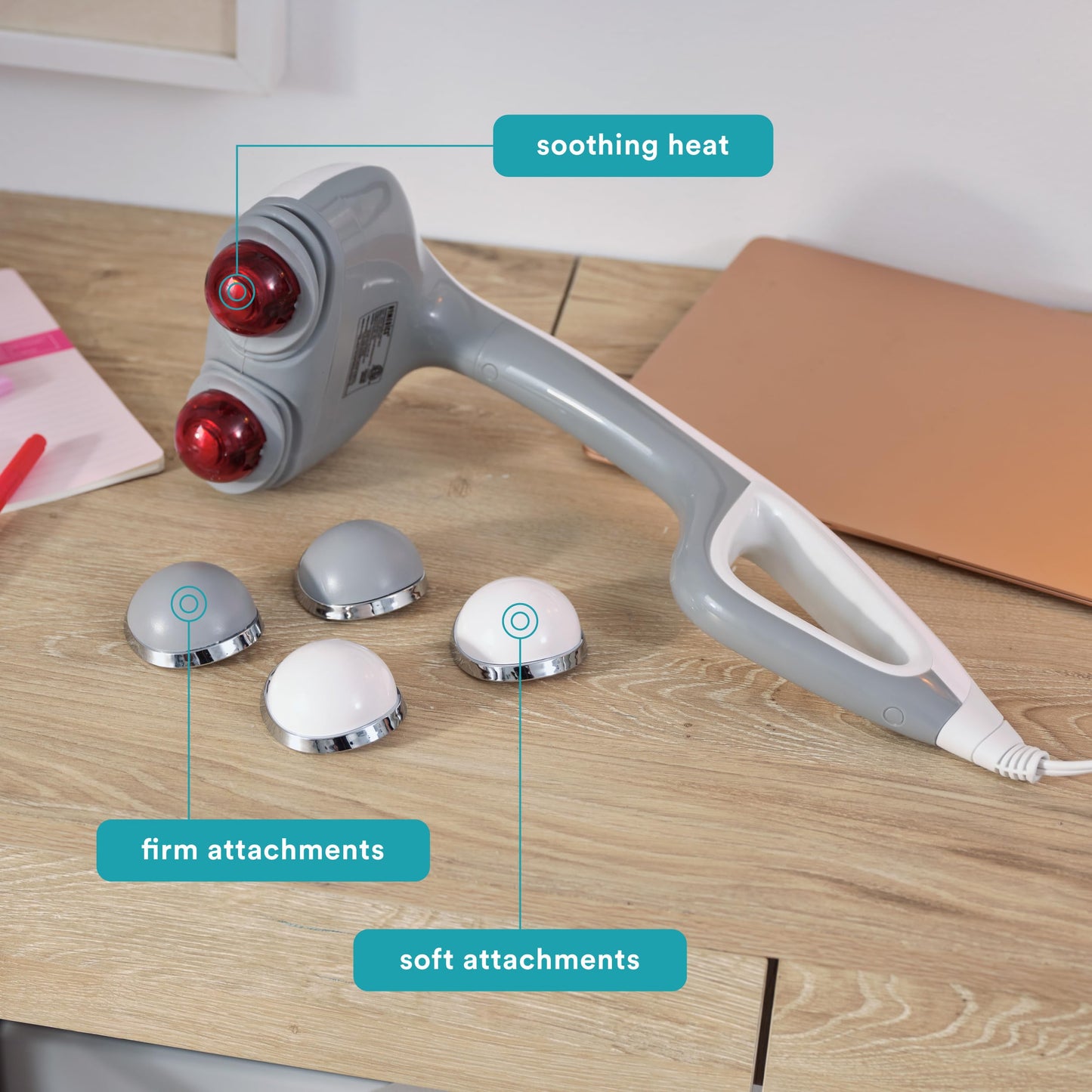 Homedics Back Massager - Heated Automatic Percussion Back, Body and Neck Massager with Dual Pivoting Heads, Interchangeable Nodes, for Shoulders, Legs and Feet, White