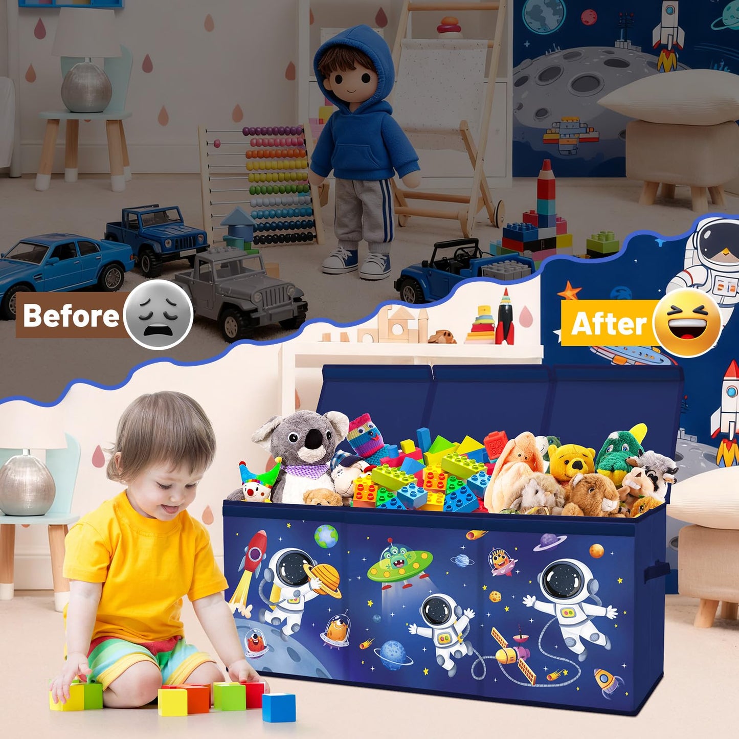 alldomess Toy Storage Bin with Lids,Extra Large Toy Box Chest with Handles for Kids Boys Girls,Collapsible Storage Organizer Box Bin Basket for Bedroom,Playroom, Nursery,37.8"x12.6" x15.7",Astronaut