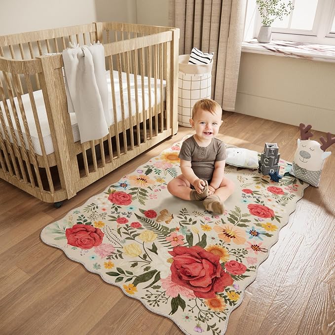 Washable Entryway Small Area Rugs: Door Mat Indoor Entrance 3x5 Floral Rug Ultra Thin Stain Resistant Non Slip Low Pile Lightweight Carpet for Kitchen, Front Door, Kids Room Decor (Beige)