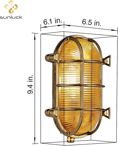 Sunluck Brass Bulkhead Light,Grid Oval Nautical Wall Sconces,Lampshade,Ceiling Mount Lighting,Brass Sauna Light Waterproof IP54,Rust Resistant,for Decoration Cafe,Bar,Porches,Patios,Restaurants
