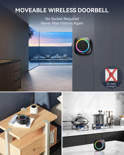 TECKNET Plug-in Wireless Doorbell with RGB Lighting & 1300 Feet Range,IP66 Waterproof Doorbell for Home/Classroom/Office/Business,60 Chimes,5-Level Volume,4.5-Year Battery Life(White)