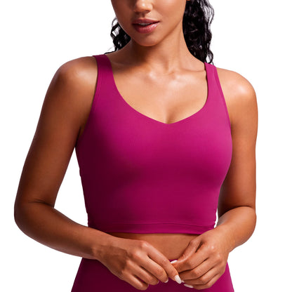 CRZ YOGA Butterluxe Womens V Neck Longline Sports Bra - U Back Padded Crop Workout Tank Tops with Built in Pads Magenta Purple Small