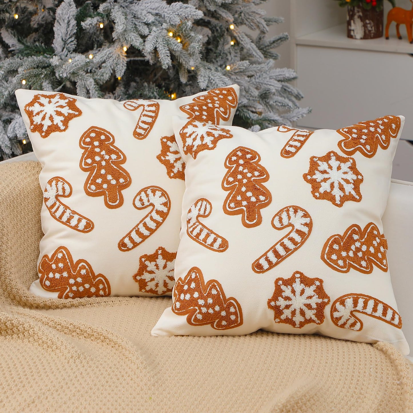 VitalCozy 2 Pcs Gingerbread Christmas Throw Pillow Covers 18'' x 18'' Plush 3D Embroidery Gingerbread Man Pillowcases for Xmas Winter Indoor Outdoor Couch Sofa Cushion Decorations