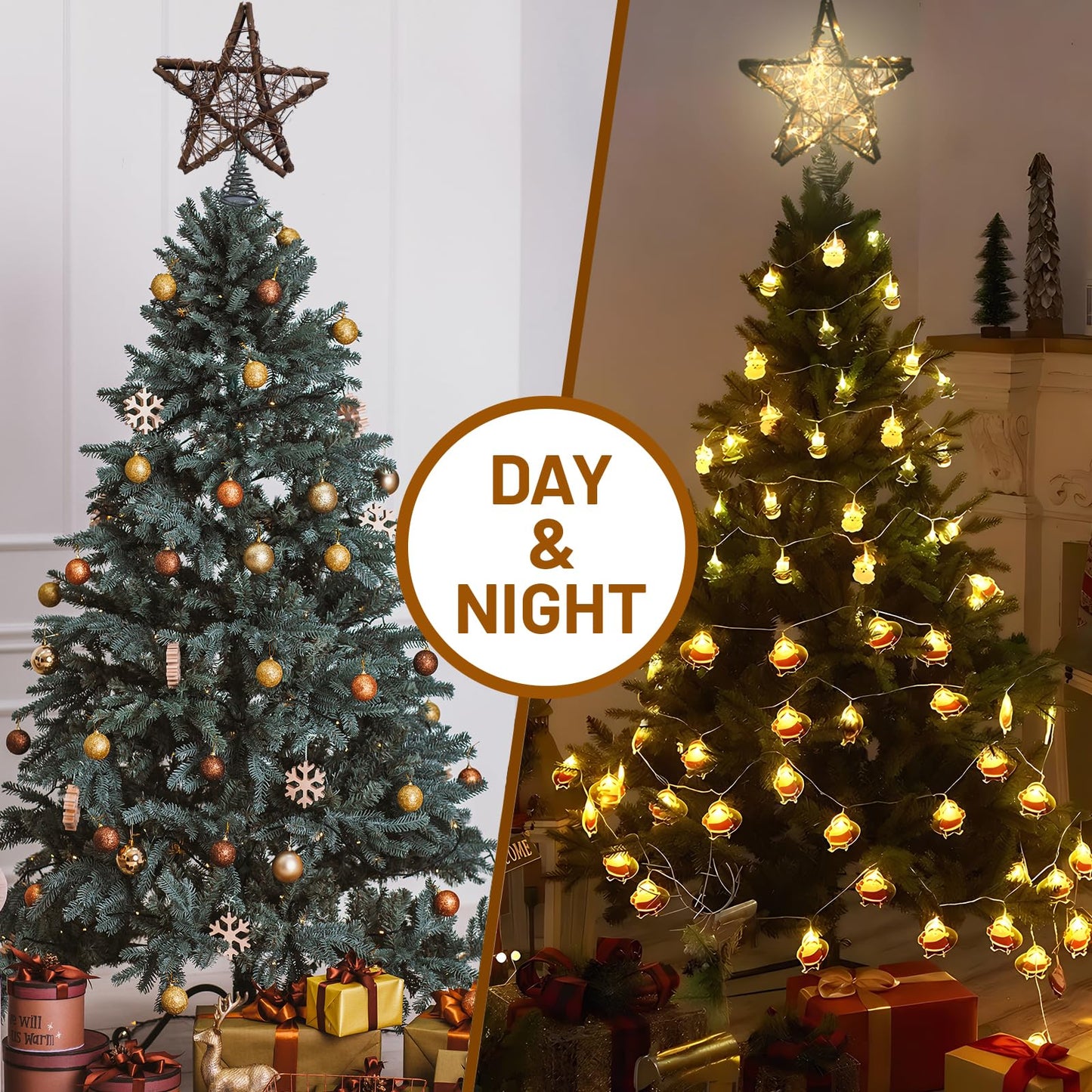 Christmas Tree Topper Star,Rattan Christmas Tree Topper with 50 LED Light,10 Inch Warm White Light Rustic Star for Christmas Tree Decoration Holiday Farmhouse Decor Battery & USB Powered