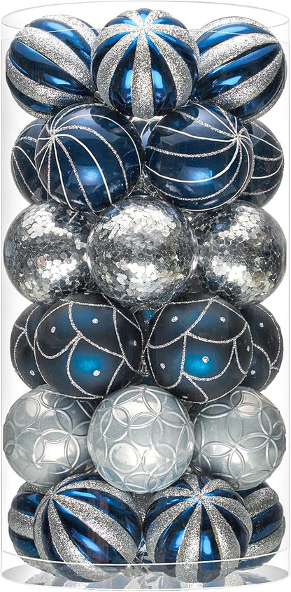 JORNOY Christmas Balls Ornaments, 30ct Shatterproof Xmas Tree Decorations, Hanging Bulbs Baubles Set with String for Holiday Home Party Decor, 2.36 inch/60mm, Navy Blue&Silver