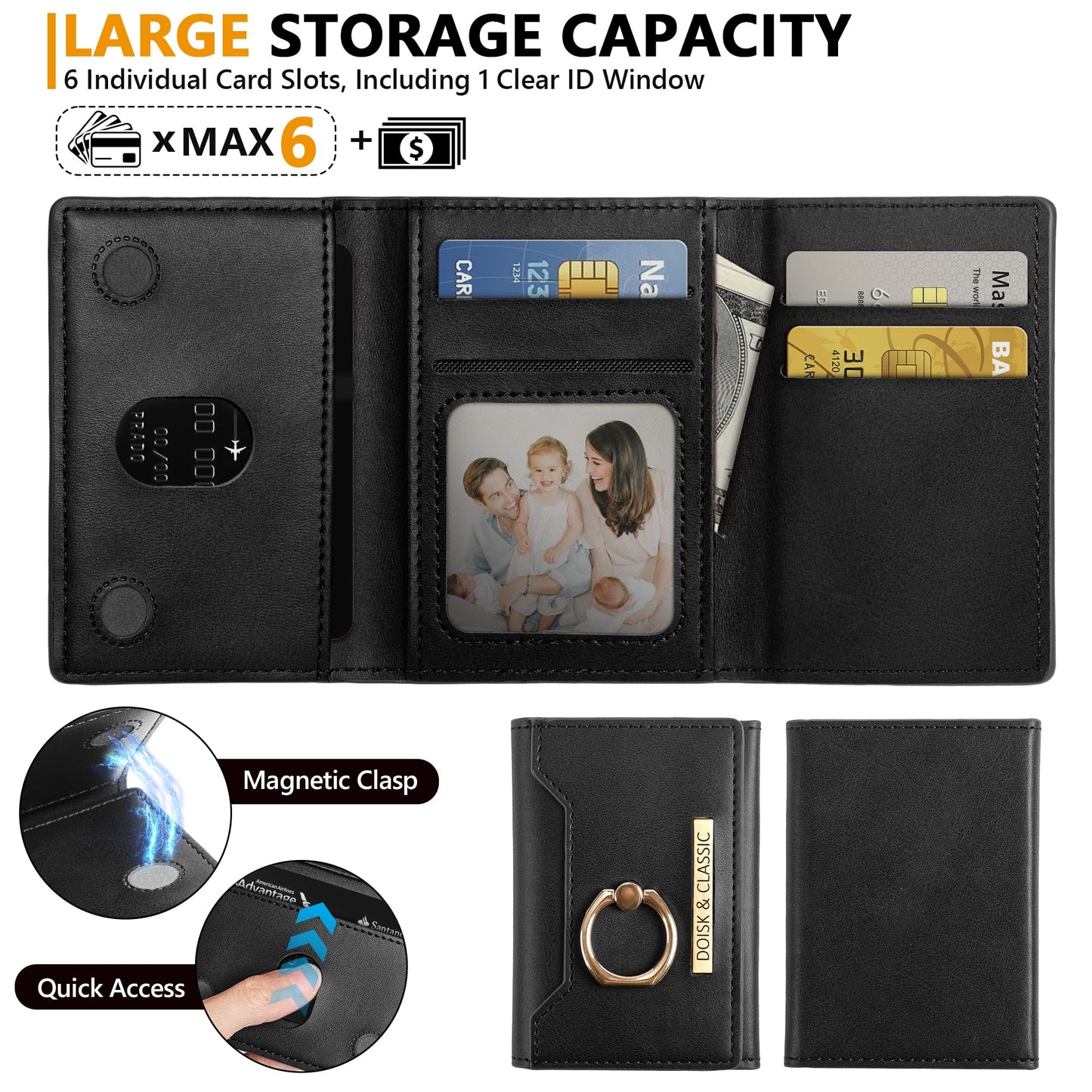 Hinpia for Magsafe Wallet, Magnetic Phone Wallet with Card Holder and Ring Grip for iPhone 16/15/14/13/12 Series and Cases, 6 Card Slots, RFID Blocking, Black