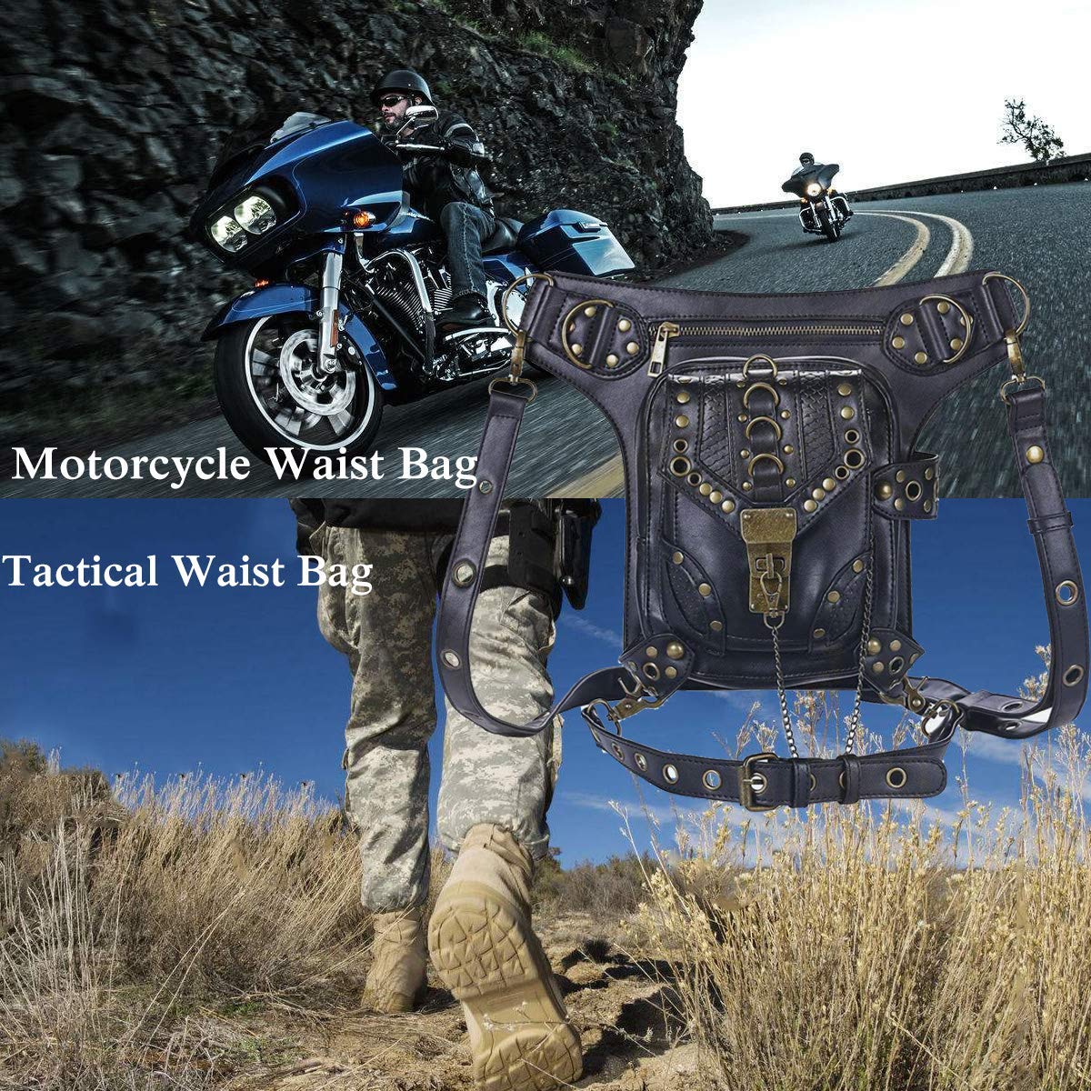 Steampunk Waist Bag Fanny Pack Thigh Holster Purse Gothic Leather Shoulder Crossbody Hiking Chain Messenger Bag